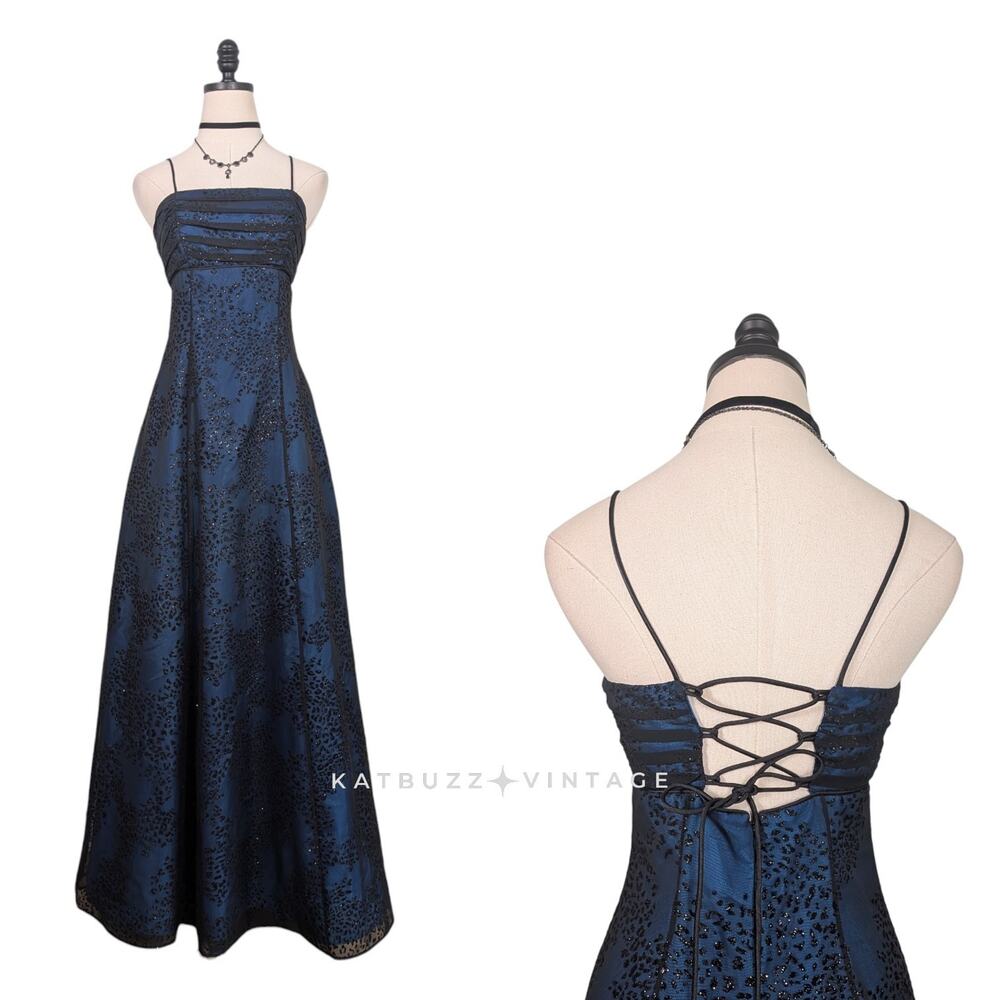 Vintage Morgan Prom Dress Maxi Gown 4 Blue Black Goth Corset Babydoll 90s Y2K
